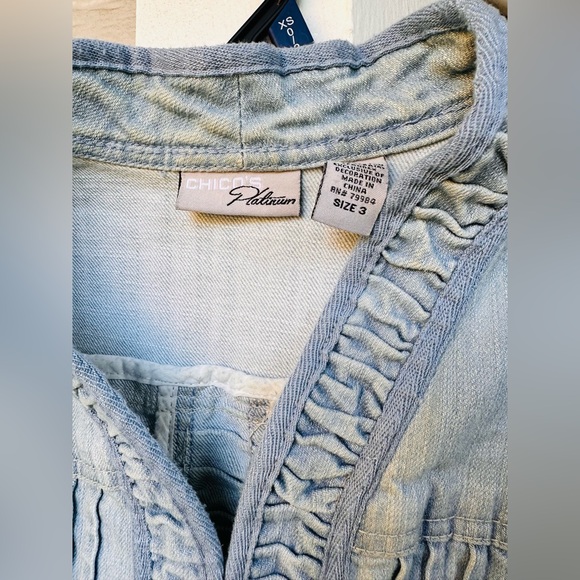 Chico's Platinum Retro '80s Light Wash Blue Jean Runched Ruffled Vest, Women's 3 - Picture 4 of 7